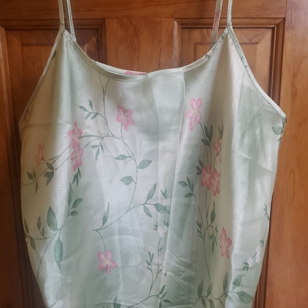 Avon Intimates L Nightgown Womens Sage Green Pink Floral Satin Chemise Sleepwear